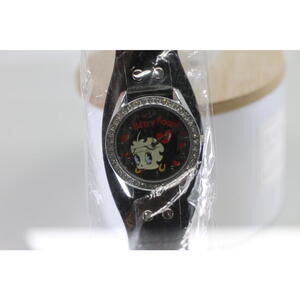 Betty Boop Black Leather Strap Watch with Rhinestone Bezel